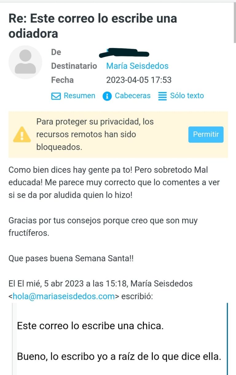 Testimonio enviado a María Seisdedos, propietaria de Farmacia en Carbonero